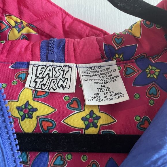 Vintage Fast Turn Down Jacket Womens Medium 10/12 Full Zip Blue Pink Collar Hood - Picture 2 of 5